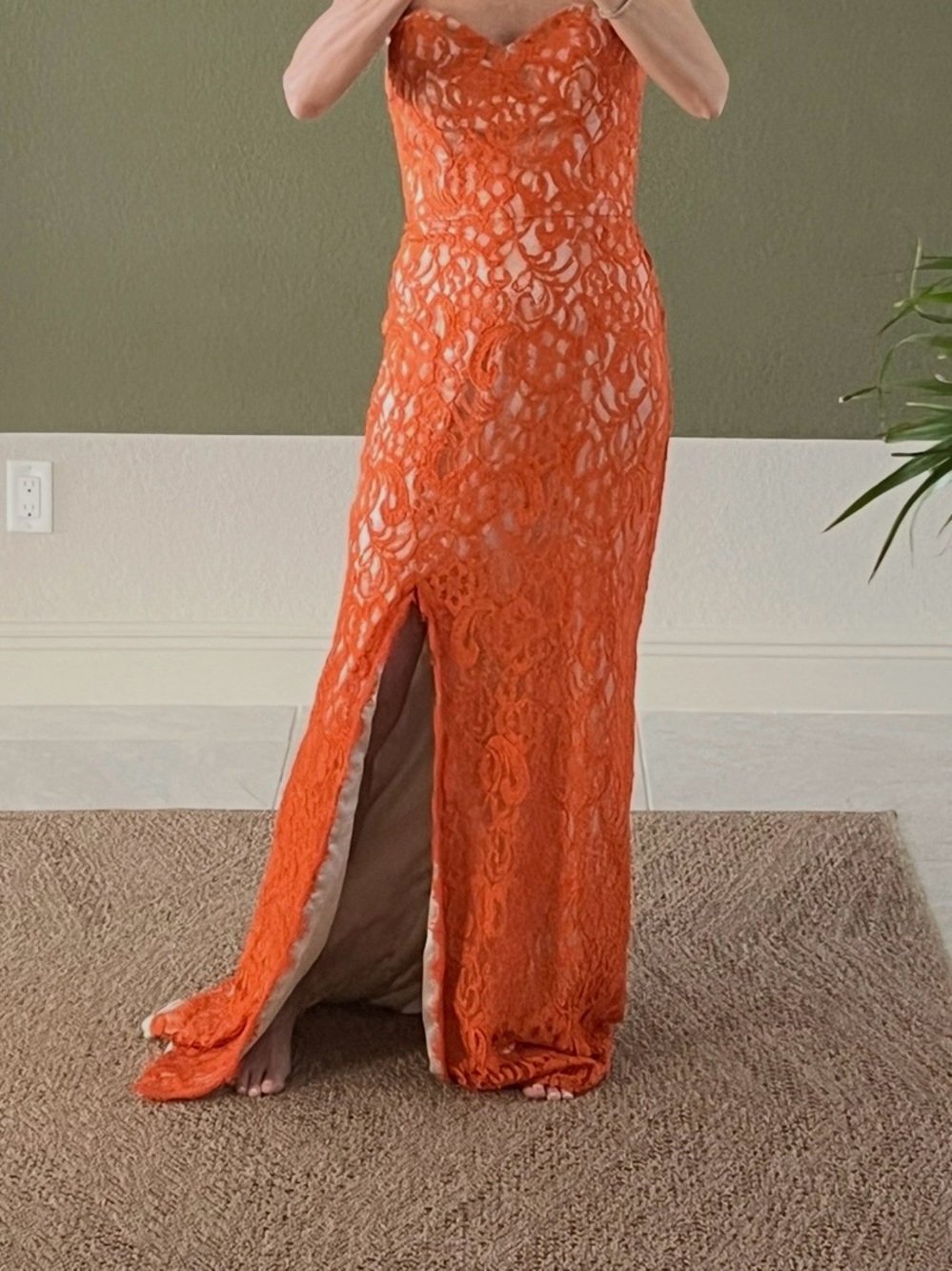 Dalia Mac Phee Strapless Orange Lace Formal Gown